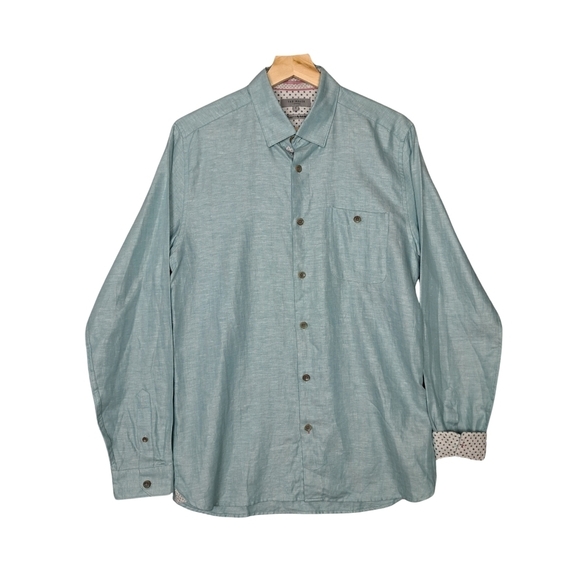 NWOT Ted Baker Men's 3 Linen/Cotton Blend Sea Foam Green Button Down Shirt - Picture 4 of 11
